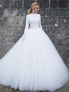 回族穆斯林新娘婚纱2023白色，蕾丝中腰大码婚纱礼服拖尾欧式