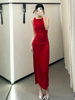 ZA红色天鹅绒吊带连衣裙女秋冬法式时尚气质复古长裙子8387887