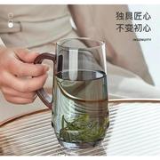 日式胡桃木把绿茶杯高硼硅耐热玻璃水杯花，茶杯带把透明办公杯