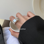 欧美S925银夸张宝石戒指女复古时尚宫廷风开口指环肌理个性食指戒