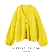 重磅加厚!柠檬黄灯笼袖，v领粗针羊绒毛衣开衫，女纯羊绒针织开衫