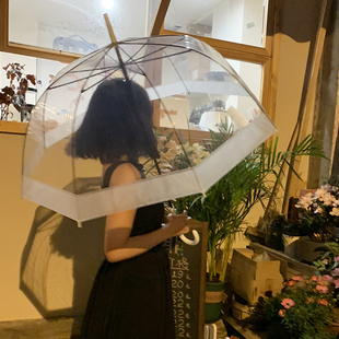 韩系ins风透明雨伞长柄，自动情侣网红雨伞接边加固防风女弯钩雨伞