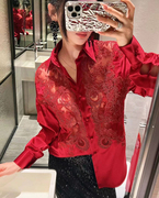 仙气珍藏古董手工刺绣，蕾丝撩人迷人热烈红桑蚕丝绸缎衬衫长袖