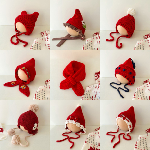 宝宝红色帽子可爱尖尖精灵，帽过年毛线帽，1-3岁幼儿周岁帽子女喜庆