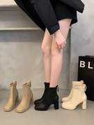 高跟鞋女粗跟短靴2023春秋季单靴白色瘦瘦靴中跟马丁靴小踝靴