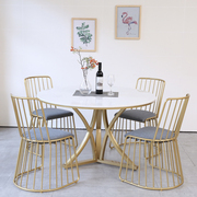 北欧轻奢大理石圆形餐桌，现代桌铁艺家用小户型，带转盘圆餐桌椅组合