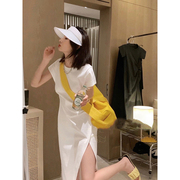 韩版纯色圆领正肩短袖连衣裙女夏季外穿性感侧边开叉设计感长裙子