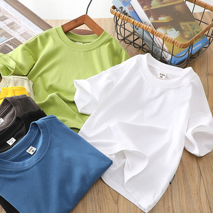 男童短袖t恤纯棉夏季纯色中大童，半袖儿童团体服装定制印logo