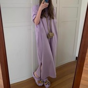 孕妇装紫色长裙夏装短袖纯棉大码孕期连衣裙女宽松开叉t恤裙