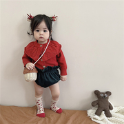 秋冬装宝宝红色毛衣洋气圣诞新年服婴儿百搭大翻领针织开衫外套