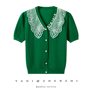 2024重工钉珠蕾丝拼接短袖，开衫夏季冰丝薄t恤显瘦绿色时尚外套潮
