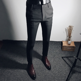 高级感商务休闲西裤黑色，修身九分小脚，裤垂感弹力韩版男士刺绣长裤