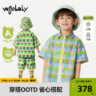 woobaby儿童短袖衬衫男童女童24夏小童(夏小童)宝宝，纯棉外套短裤套装