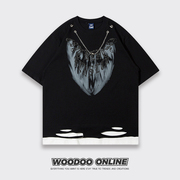 灵魂筹码woodoo设计师品牌美式项链，蝙蝠印花图案，男女短袖t恤