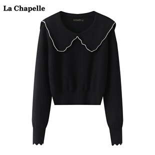 拉夏贝尔/La Chapelle黑色小香风针织衫毛衣女秋季显瘦娃娃领上衣