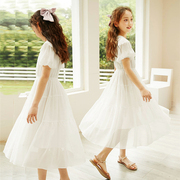 女童连衣裙夏季儿童超仙，白色公主裙中大童，短袖欧根纱长裙女孩裙子