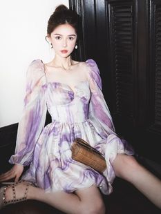 紫色扎染设计感小众露背连衣裙女夏季超仙甜美蓬蓬花苞短裙子