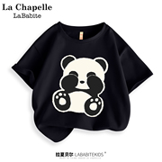 拉夏贝尔男童短袖t恤夏季纯棉女童夏装2024大童儿童熊猫衣服