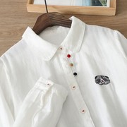 外贸出口日系原单白色衬衫，女春秋设计感猫咪刺绣，衬衣宽松显瘦上衣