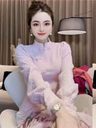 名媛新中式国风加绒蕾丝衬衫，女秋冬季设计感精致盘扣修身气质上衣