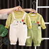 婴儿童春秋套装韩版可爱恐龙长袖，t恤+背带裤童装，1一5岁男宝宝衣服