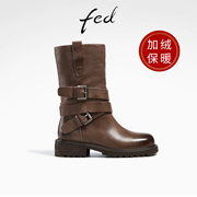 fed加绒中筒靴冬季靴子粗跟马丁靴真皮时装靴女R1204-ZFA359