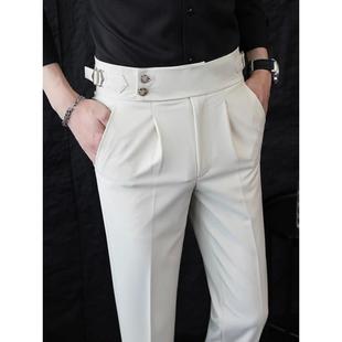 高端白色西裤男春夏季英伦风商务正装修身直筒那不勒斯休闲长裤子