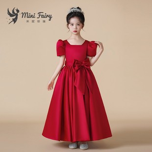 2024儿童缎面钢琴表演出服女童，红色生日公主裙绑带礼服泡泡袖