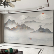 墙纸定制新中式淡雅山水电视背景墙，壁纸客厅壁布装饰影视墙布壁画