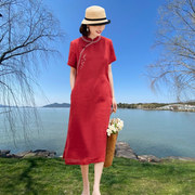 原创苎麻高端连衣裙，2024年红色改良旗袍，夏季短袖复古绣花洋气
