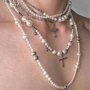 小众十字架毛衣链不规则大小珍珠串珠长项链多种佩戴方式锁骨链女