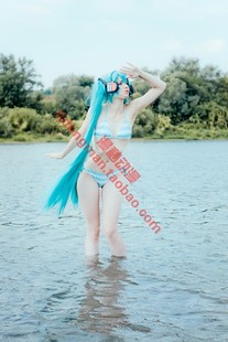Vocaloid初音未来 蓝白条纹泳衣cosplay承接动漫服装假发定制