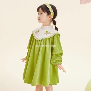 马其顿秋季女小童果绿色连衣裙甜美小清晰女童拼接刺绣长袖裙子