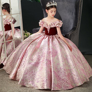 2024红色儿童礼服一字，肩主持人走秀钢琴，演出服女童公主裙