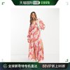 香港直邮潮奢 ASOS 女士设计深V蝙蝠袖粉色拼接印花长款连衣裙