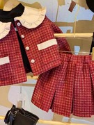 女童冬装外套2023新年小香风格子木耳娃娃领小女孩百褶短裙两件套