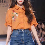 新中式橙色上衣花边短袖，盘扣国风衬衫，女装2024年夏季独特小衫