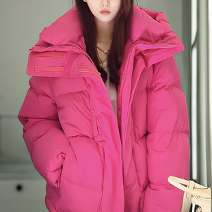 2023冬季韩版宽松加厚中长款面包服火龙果玫，红色羽绒服外套女