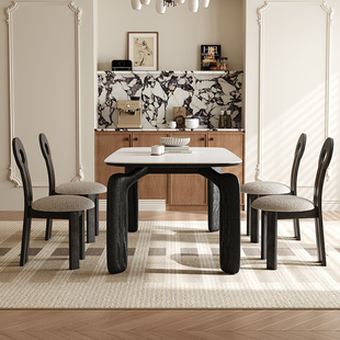 复古风白蜡实木长方形岩板餐桌椅，组合简约现代法式小户型家用饭桌