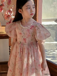 女童2024夏季韩版洋气中大童花朵礼服，裙公主裙雪纺连衣裙裙子