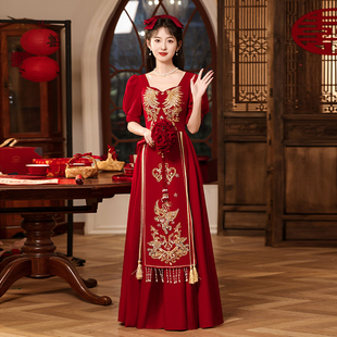 中式大码敬酒服新娘2024中袖红色，结婚订婚礼服女回门服高级感