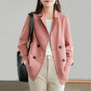 鹿皮绒粉红色西装外套，女2021秋冬韩版宽松复古休闲显瘦小西服