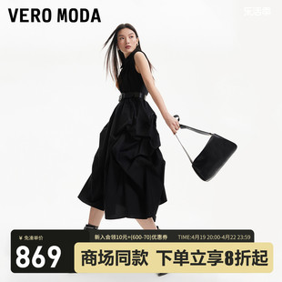 Vero Moda连衣裙2024春夏垫肩翻领无袖褶皱长裙小黑裙个性