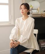 韩国大码女装胖mm春装靓丽纯色圆领甜美气质宽松长袖衬衫