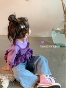 女童洋气两件套短袖T恤2023夏季韩版儿童套装紫色花边上衣潮