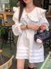 韩国chic春季甜美减龄荷叶领系带连衣裙女宽松灯笼袖白色短裙子
