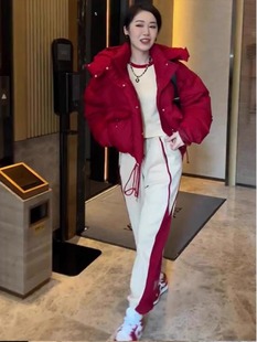欧洲站时尚加绒休闲棉服套装女冬红色短款羽绒棉服外套束脚裤两件