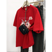 国潮牌复古红色龙年印花t恤女短袖夏季设计感小众宽松重磅上衣ins