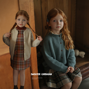 女童纯羊毛杏色针织衫，雾蓝羊毛混纺针织开衫，宝宝秋冬洋气毛衣