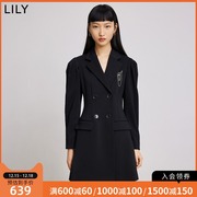LILY2022春女装复古泡泡袖气质双排扣收腰显瘦黑色西装连衣裙